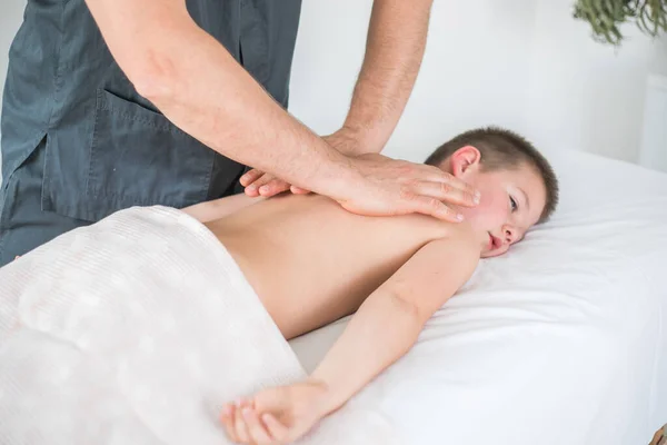 Boy Toddler Relaxes Therapeutic Massage Physiotherapist Working Patient Clinic Treat — Stock Photo, Image