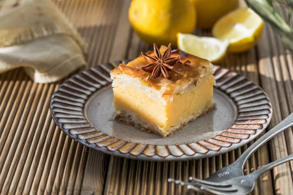 Custard Galaktoboureko Bougatsa Greek Traditional Dessert Baked Pan Syrup Its — Foto de Stock