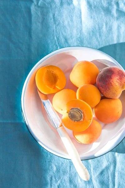Ripe Apricots Copy Space Text Various Fresh Summer Fruits — Stock Photo, Image