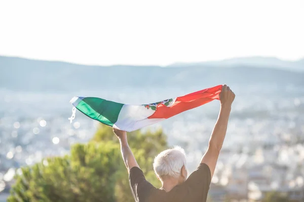 Senior Man Holding Flag Mexico September Independence Day Mexico — Fotografia de Stock