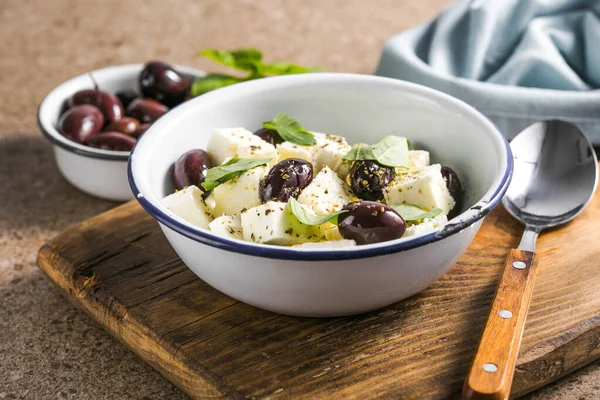 Griechischer Salat Gemüsesalat Mit Feta Käse Oliven Und Olivenöl Draufsicht — Stockfoto