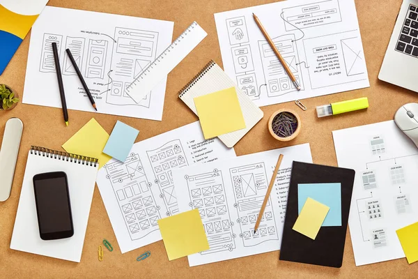 Top View Image Web Product Designers Workspace Many Website Wireframe — Stock Photo, Image