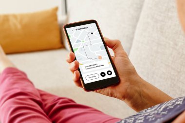 Kanepedeki kadın akıllı telefondaki teslimat takip uygulaması ile online sipariş durumunu kontrol ediyor.. 