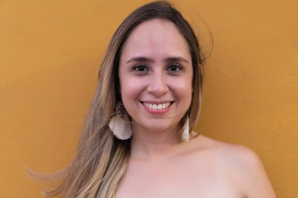 Portrait Latina Woman Yellow Background — Stock Photo, Image