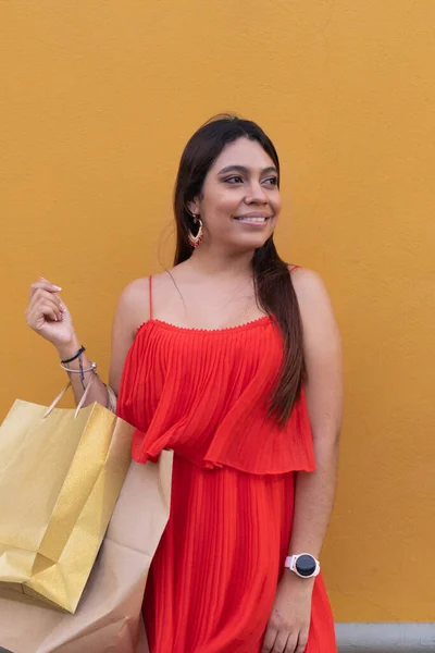 Mujer Latina Vestido Rojo Sosteniendo Bolsas Compras Posando Pared Amarilla —  Fotos de Stock