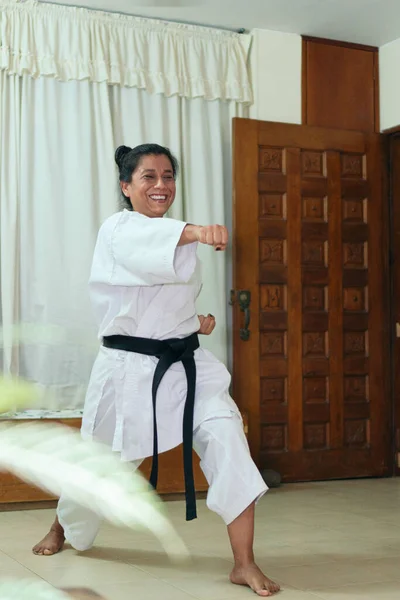 Geleneksel Kimono Giymiş Bir Kadın Evde Karate Yapıyor — Stok fotoğraf