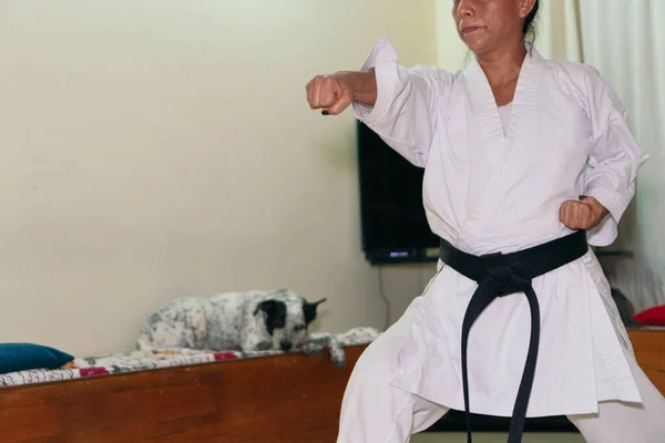 Latin Woman Throwing Punch Karate Training — Stock Photo, Image