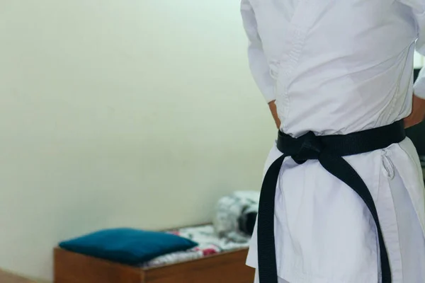 Midsection Woman Black Belt Standing Home — 스톡 사진