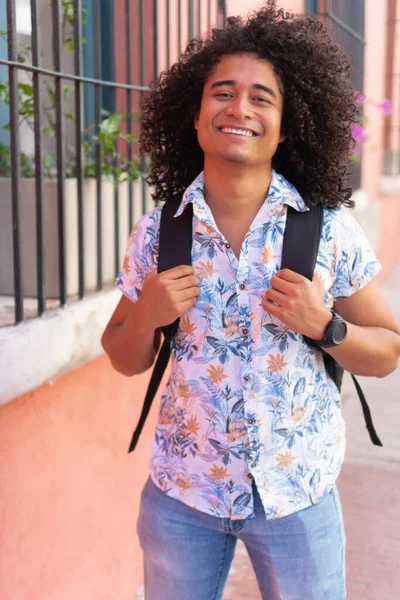 Young African American Man Black Backpack Walks Street — Foto Stock
