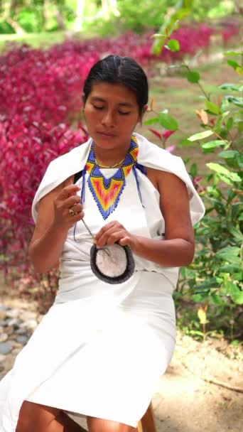 Ursprunglig Kvinna Från Sierra Nevada Colombia Som Gör Traditionella Vävningar — Stockvideo