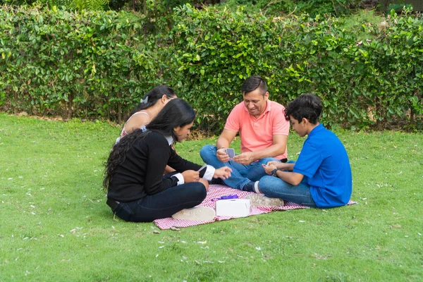 Family playing board games at the picnic outdoors