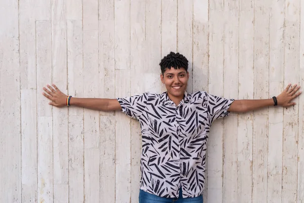 Afro Woman Outstretched Arms Standing Wall — Fotografia de Stock