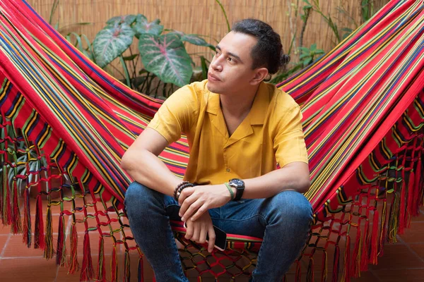 Young Man Sits Hammock Home — Foto Stock