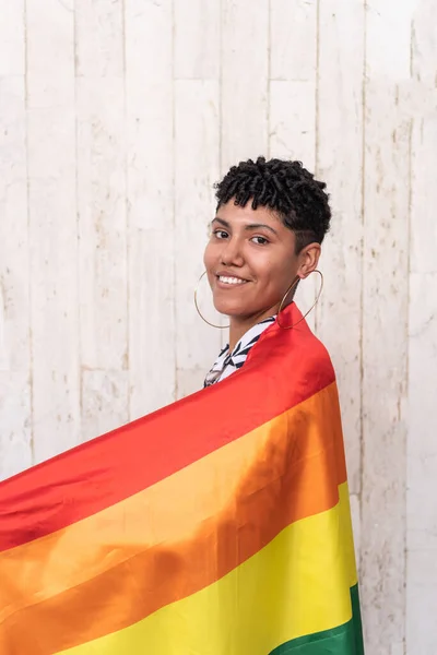 Latin Woman Rainbow Flag Beige Background — 图库照片