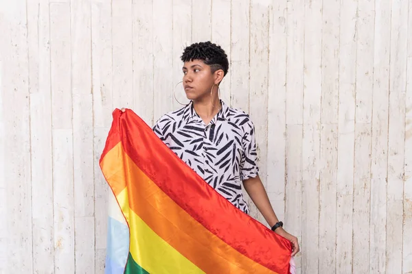 Contemplative Ethnic Woman Lgbt Flag Outdoors — 图库照片