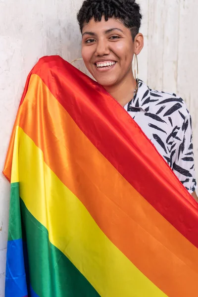 Ethnic Woman Leaning Back Rainbow Flag Pavement — 图库照片