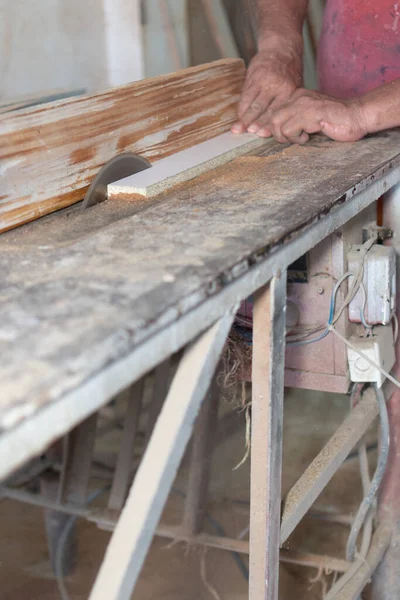 Close Hands Latin Male Carpenter Trimming Plank — Fotografia de Stock