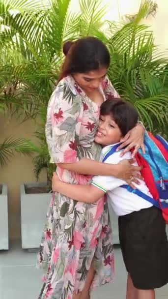 Latin Mother Saying Goodbye Her Children School — Stockvideo