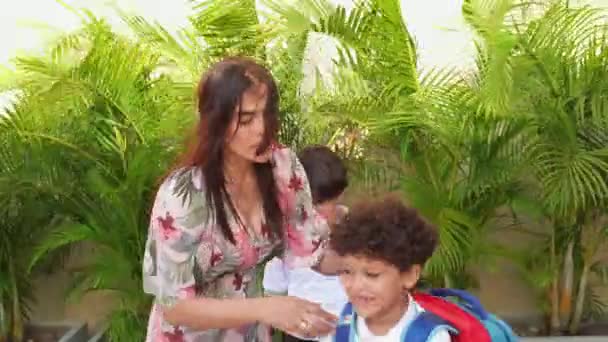 Mother Saying Goodbye Her Children School — стоковое видео
