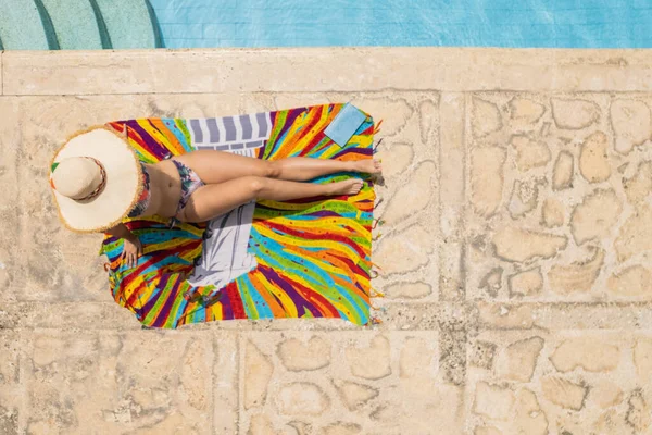 Aerial View Woman Swimsuit Sunbathing Pool Summertime — Stockfoto