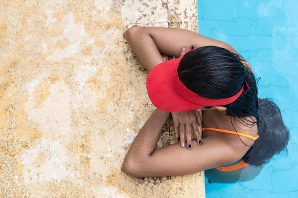 Woman Standing Edge Swimming Pool Swimsuit — Stockfoto