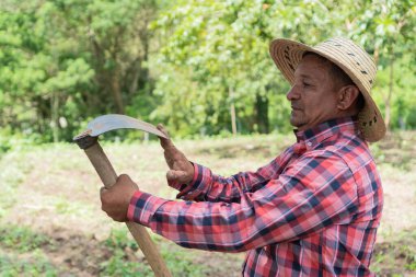 Bahçede çalışan çiftçi, iş aletlerini kontrol ediyor..