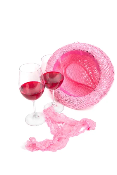 Dwie szklanki czerwonego wina na białym tle w pobliżu różowe majtki — Zdjęcie stockowe