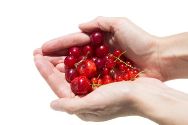 Frenk üzümü ve kiraz beyaz bir arka plan üzerinde tutan kız