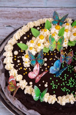 Çikolata kremalı pasta, çikolatalı mantar ve waffle kelebekleri, çok renkli serpiştirilmiş