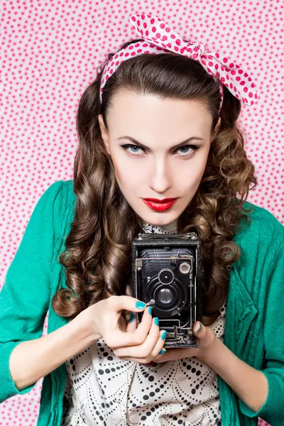 Style woman with old camera — Stock Photo, Image