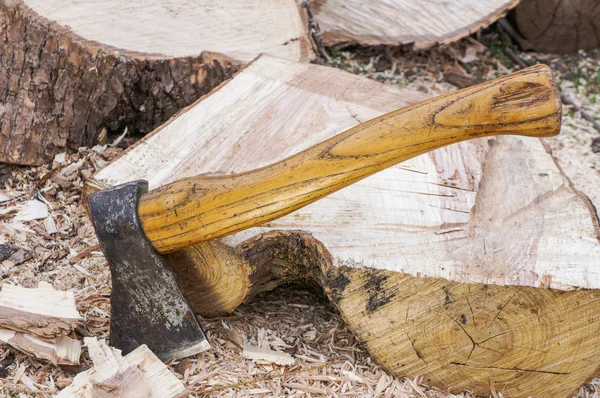 Fire wood and old axe — Stock Photo, Image