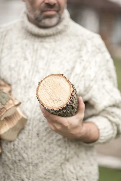 Hands of a man with axe and firewood — Stock Photo, Image