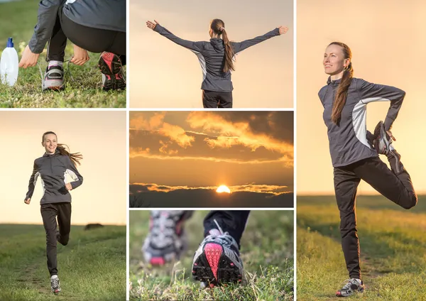 Uitvoeren van fitness vrouw collage — Stockfoto