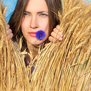 Buğday tarlasında güzel bir kadın