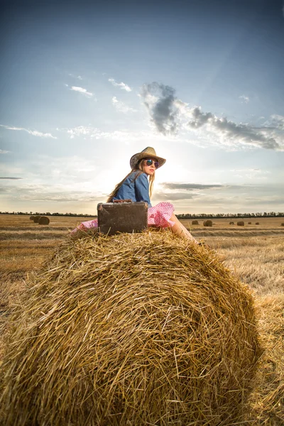 Viajante feliz no campo — Fotografia de Stock
