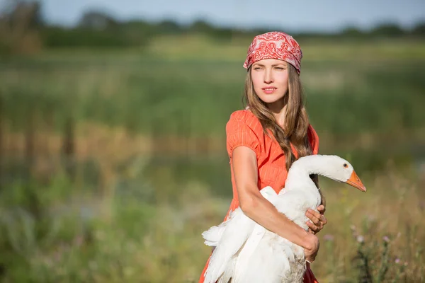 Jovem mulher cuidados com o ganso animal — Fotografia de Stock