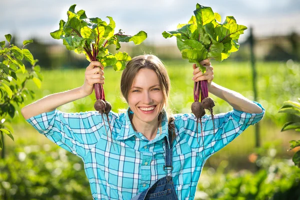 Bio zelenina zdravá - žena zahradník — Stock fotografie