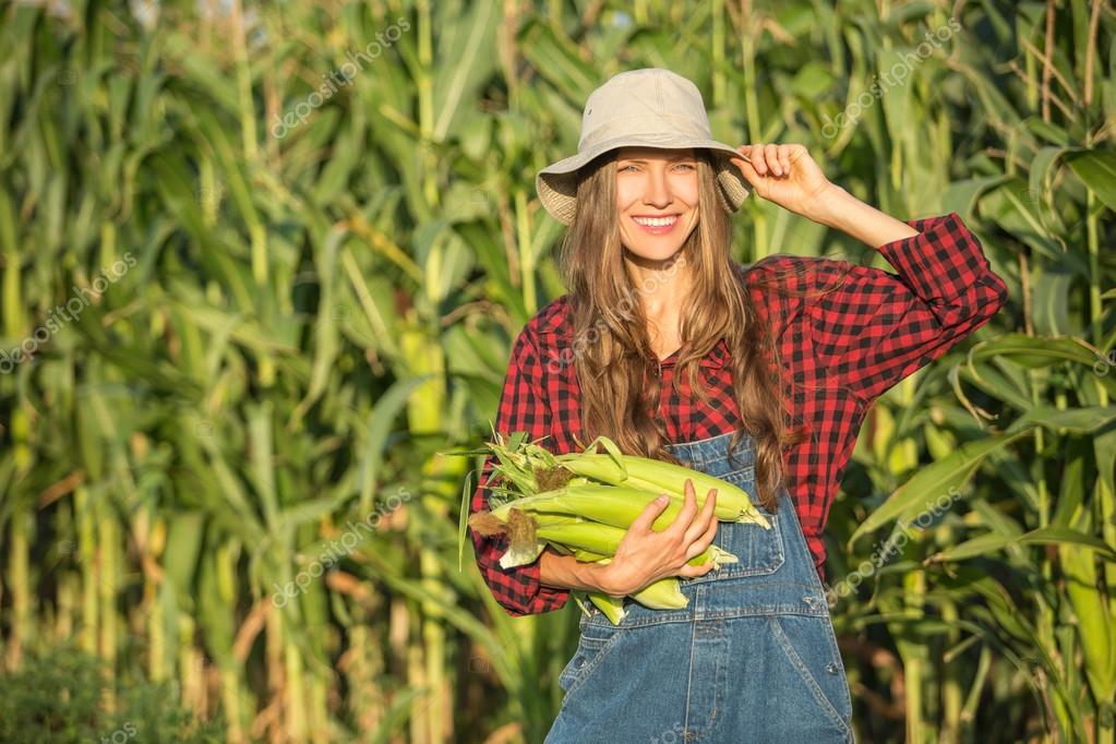 Download - Closeup of young woman farmer at corn harvest - Stock Image. 