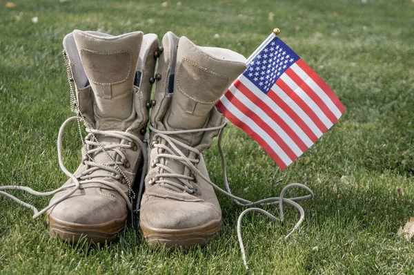 Botas Soldado Americano Que Regresó Casa Como Símbolo Héroe Con — Foto de Stock