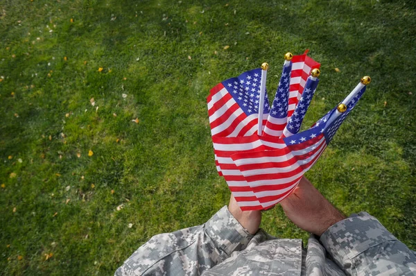 Americký Voják Drží Oběma Rukama Vlajky Vlající Větru Nad Zelenou Royalty Free Stock Fotografie