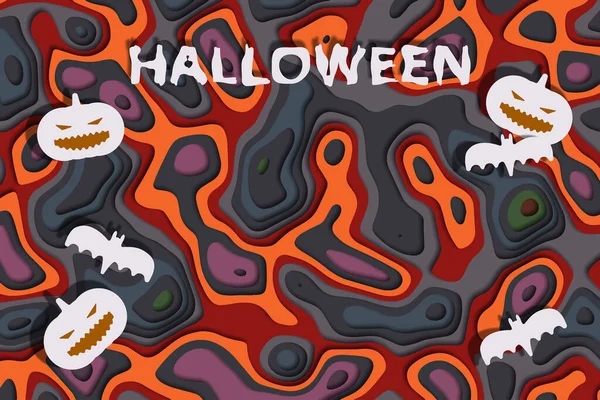 Ilustração Vetorial Como Papel Com Morcegos Abóboras Com Texto Halloween —  Vetores de Stock