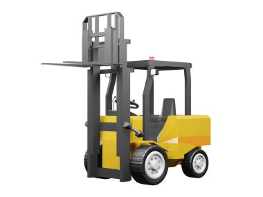 Depo aracı modelinde kullanmak için forklift 3D forklift beyaz arkaplanda izole edilmiş ve kırpma yolu çizimi 3D