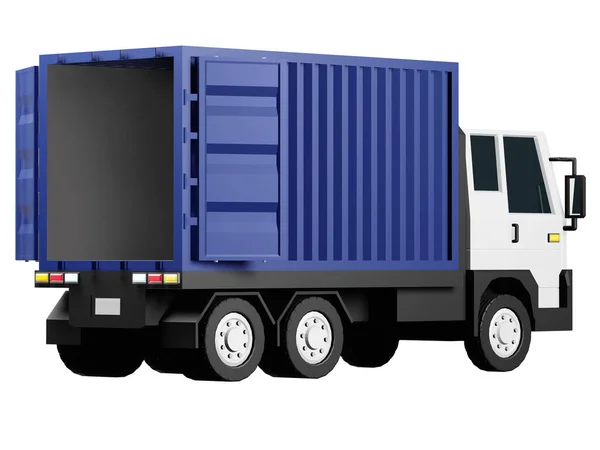 コンテナ付き貨物トラッククリッピングパスイラストと白の背景に隔離された10輪と青のコンテナを持つトラック3Dレンダリング — ストック写真