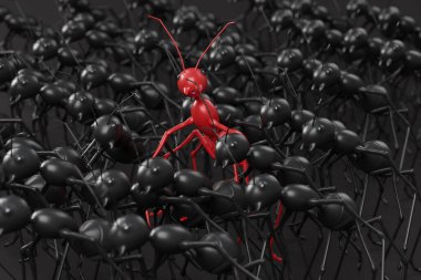 3D model of one red ant standing among large crowd of black ants selective focus at red ant 3D rendering illustration concept of social alienation and peaceful coexistence