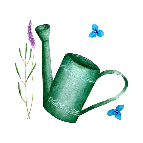 Regadera de jardín y ramitas de lavanda acuarela mano dibujo, aislado, sobre un fondo blanco. — Vector de stock