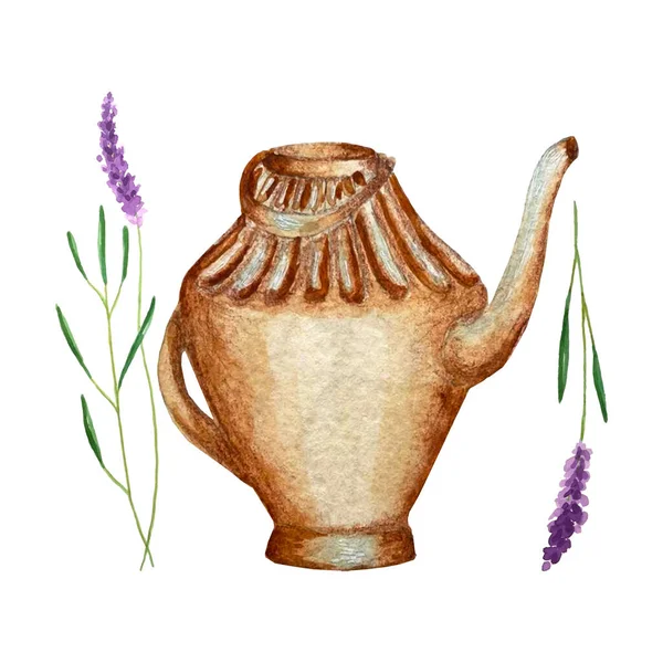 Ποτιστήρι κήπου και κλωνάρια από μοβ ακουαρέλα σχέδιο χέρι, απομονωμένα, σε λευκό φόντο. — Διανυσματικό Αρχείο