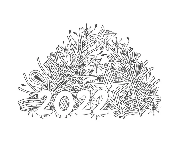 2022 Yeni Yıl Noel ağacı topları, el çizimi, çevre çizimi, siluet, şenlik tasarımı, kartpostal, pankart, tebrikler, boyama için. Vektör illüstrasyonu