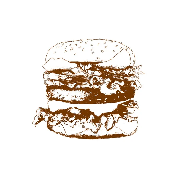 Burger hamburger croquis dessin à la main, empreinte, timbre, silhouette, contour, isolé, fond blanc. — Image vectorielle