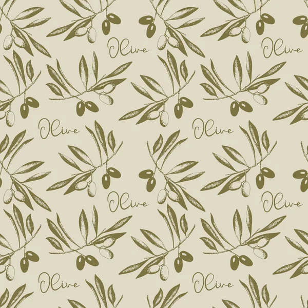 Branche d'olives avec fruits et feuilles Motif sans couture, empreinte, timbre, croquis. — Image vectorielle