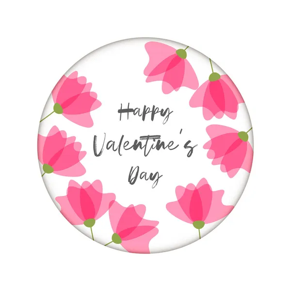 Χαρούμενη κάρτα Ημέρα του Αγίου Βαλεντίνου για τους εραστές, γράμματα, κύκλος, ροζ λουλούδια, σε λευκό φόντο. — Διανυσματικό Αρχείο